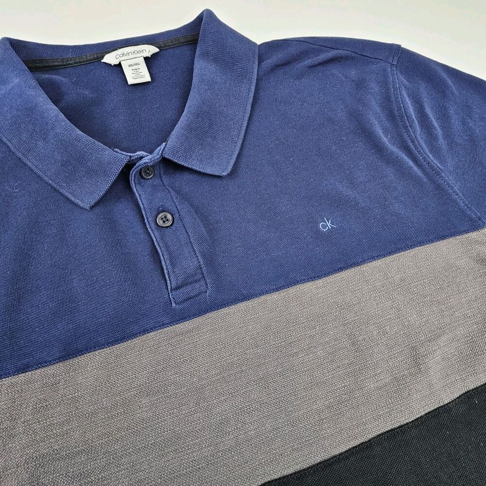 Calvin Klein Mens XXL Polo Shirt Colorblock Navy Gray Black Short Sleeve